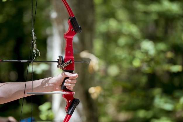 Closeup shot of a person holding up and bow and arrow