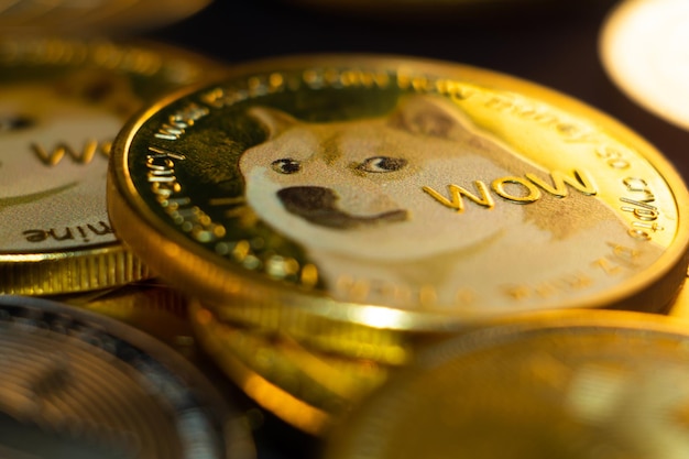 Снимок крупным планом кучи золотых собачьих монет в криптовалюте с вау