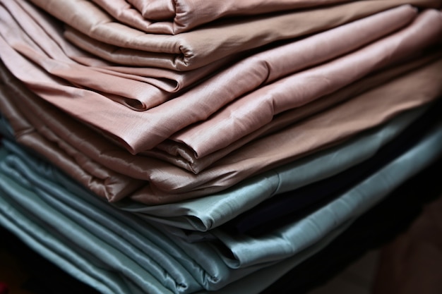 Closeup shot of the piles of colorful cloth and fabrics in a shop