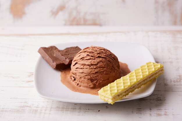 초콜릿 아이스크림 국자의 접시의 근접 촬영 샷