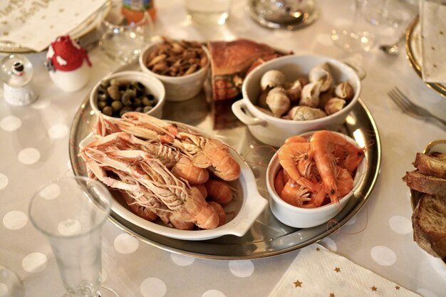 Closeup shot of a plate of seafood for Christmas