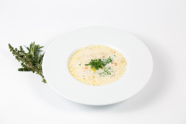 Closeup shot of a plate with white soup with greens