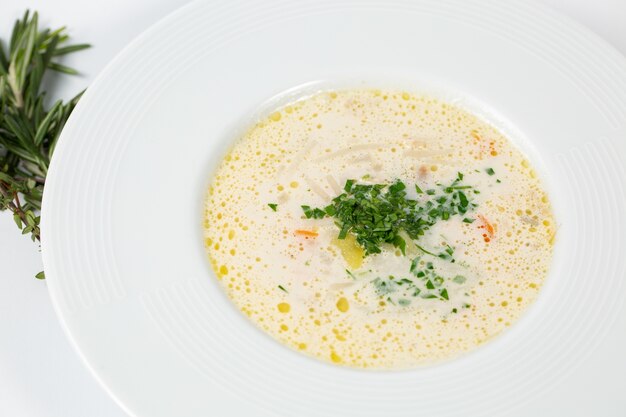 Closeup shot of a plate with white soup with greens