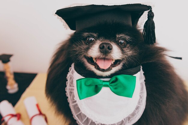 Closeup shot of a Pomeranian dog tongue out wearing a  bow smiling and looking at the front