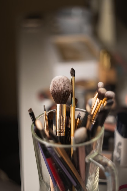 Closeup shot of professional makeup brushes and tools