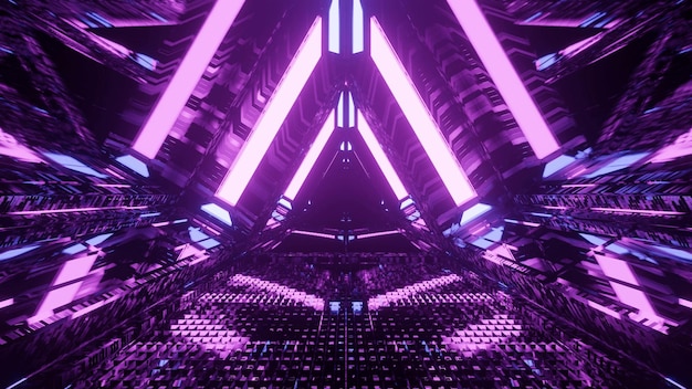 Closeup shot of purple neon lights forming triangular shapes in perspective