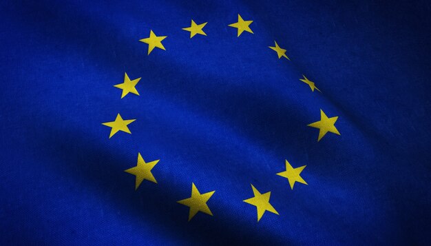 Closeup shot of realistic waving flag of Europe with interesting textures