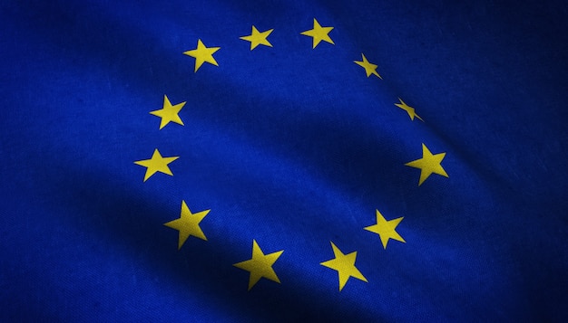 Closeup shot of realistic waving flag of Europe with interesting textures