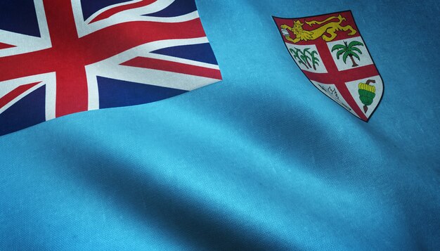 Снимок реалистичного развевающегося флага Фиджи крупным планом с интересными текстурами