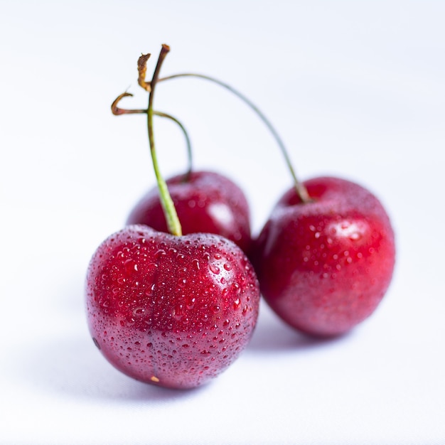 Closeup shot of the red and juicy cherries isolated