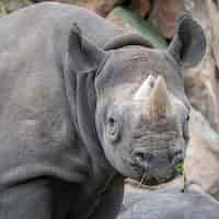 Free photo closeup shot of a rhino in the process of grazing