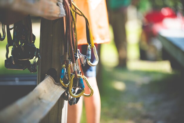 Closeup shot of rock climbing gear with a blurred background