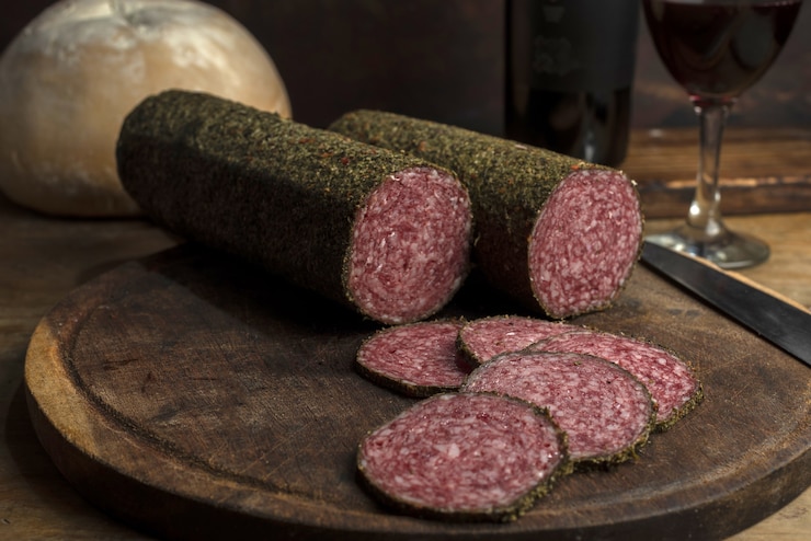 Free Photo closeup shot of rolls of smoked salami meat on a wooden board
