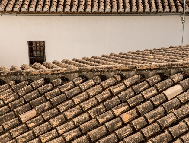 구시 가지에있는 주택과 건물의 지붕 대상 포진의 근접 촬영 샷