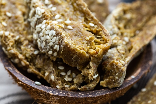 Closeup shot of sliced fresh raw vegan bread