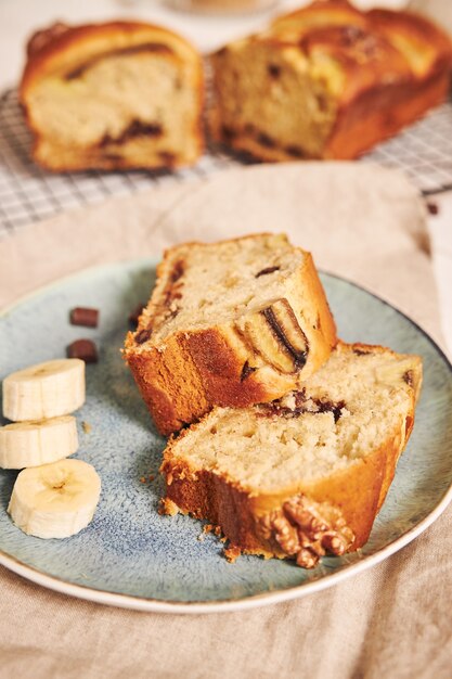 Closeup shot of slices of delicious banana bread with chocolate chunks and walnut on a plate