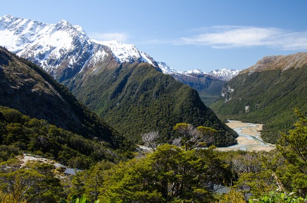Closeup shot of snowy mountains from the Routeburn Track, New Zealand