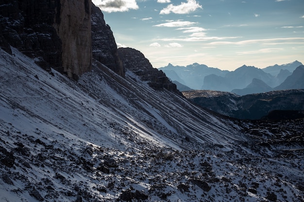 Closeup shot of the snowy Tre Cime di Lavaredo area, Dolomites, Belluno, Italy