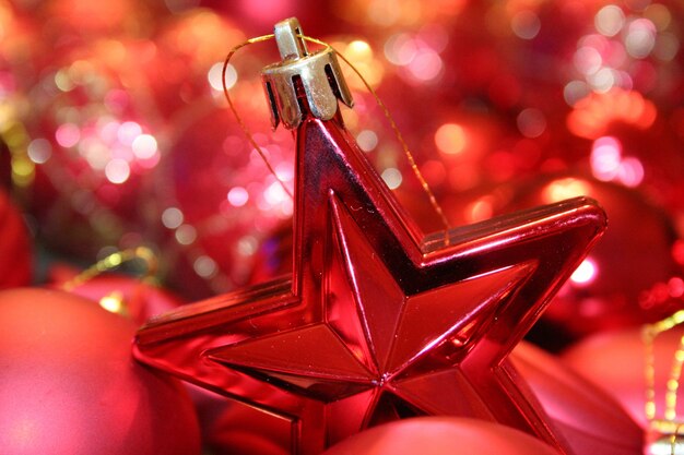 Closeup shot of a star-shaped Christmas ornament with bokeh light on the