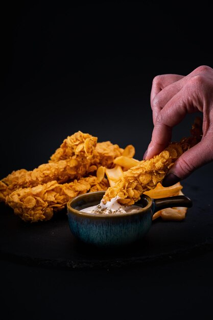 Closeup shot of a tasty looking dish with fried chicken and fries isolated on a black background