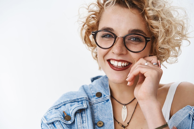 Free Photo closeup shot of tender and lovely attractive girlfriend with blond short hairstyle in glasses and lipstick touching cheek gentle smiling flirty at camera and laughing as gazing at camera sensually