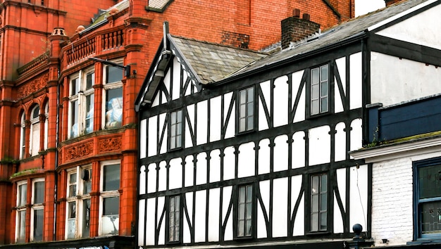 Closeup shot of traditional brick and half timbered French buildings in an old town