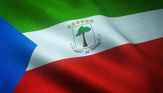Closeup shot of the waving flag of Equatorial Guinea with interesting textures