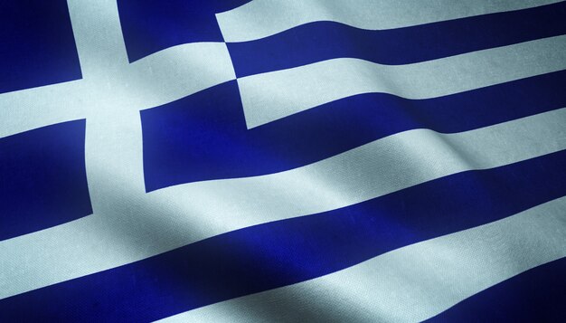 興味深いテクスチャでギリシャの手を振っている旗のクローズアップショット