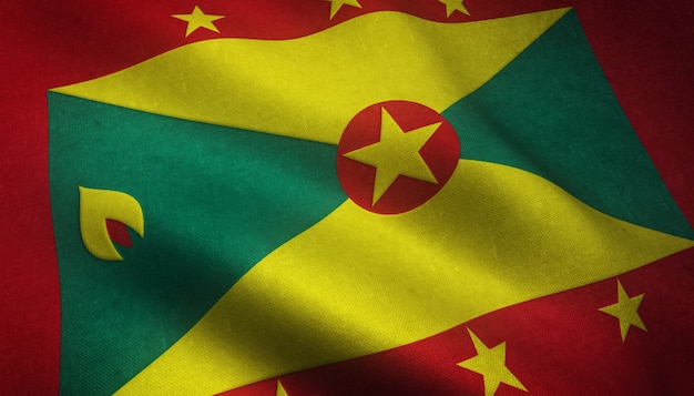 Closeup shot of the waving flag of Grenada with interesting textures