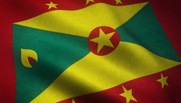 Closeup shot of the waving flag of Grenada with interesting textures