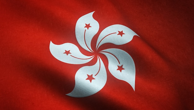흥미로운 텍스처와 홍콩의 흔들며 깃발의 근접 촬영 샷