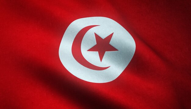 Closeup shot of the waving flag of Tunisia with grungy textures