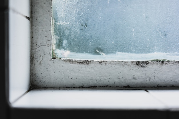 Foto gratuita colpo del primo piano di un davanzale selvaggio con una vecchia finestra e il vetro coperto di glassa
