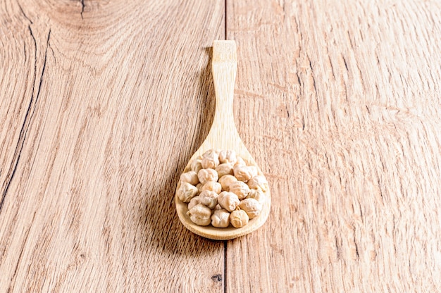 Closeup shot of a wooden spoon with raw chickpea