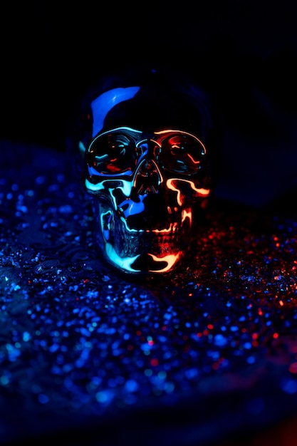 Closeup of a skull illuminated with colorful neon lights