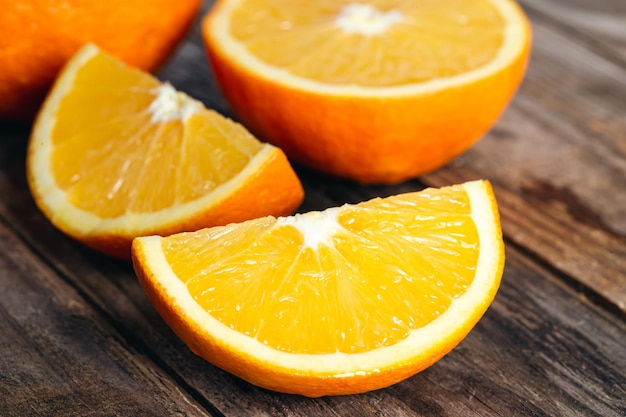 Closeup slices of orange on a wooden background