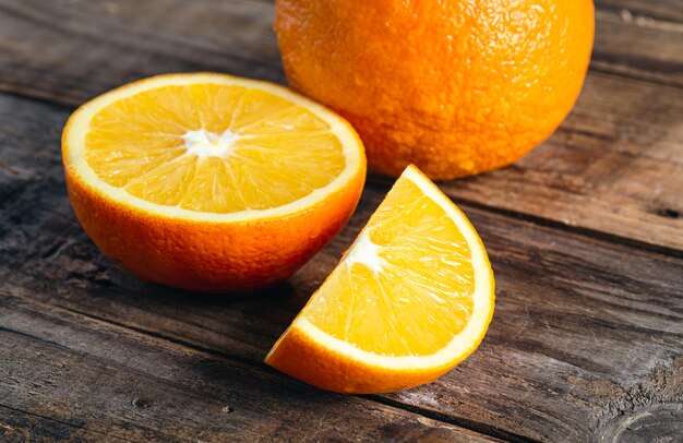 Closeup slices of orange on a wooden background