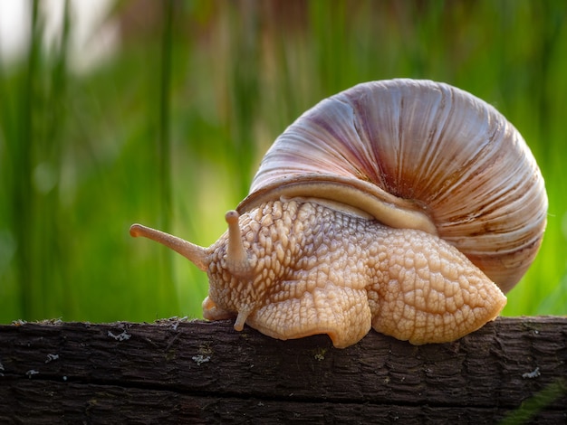 Closeup of a snail in a shell on a wood in a park with long grass