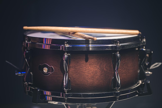 Closeup snare drum on a dark background isolated copy space