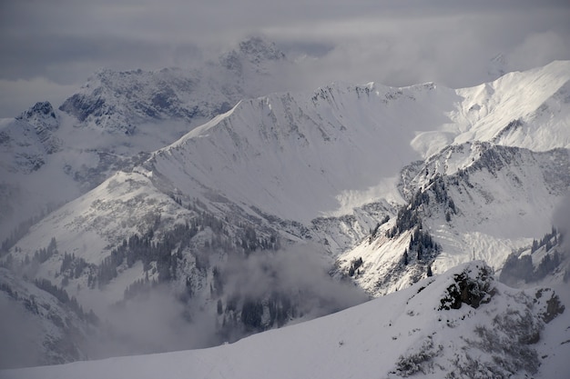 Closeup of snow-covered peaks in the Alpes