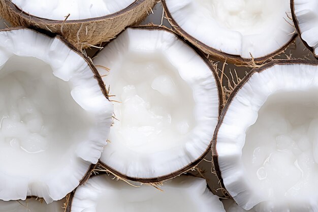 CloseUp of Split Fresh Coconuts Filling the Frame