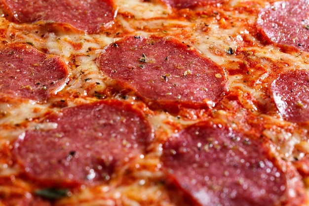 Closeup of tasty appetizing salami pizza with cheese and spices.