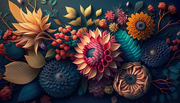 Closeup textural bright exotic flowers generative Al