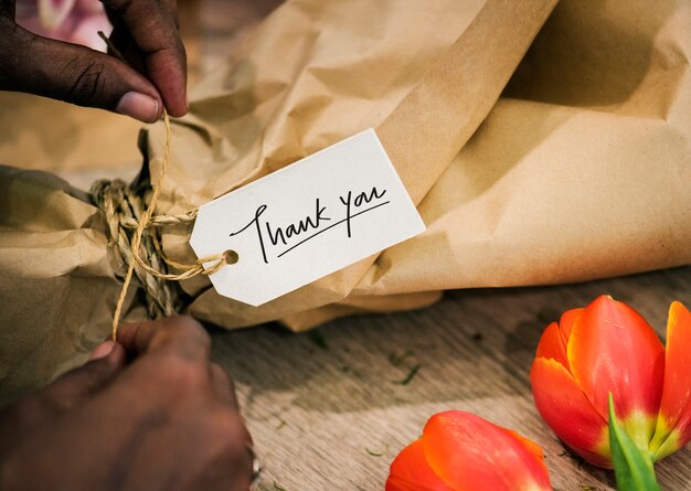 Closeup of thank you tag on a flower bouquet