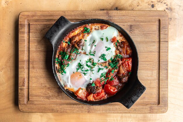 Closeup of traditional shakshuka in a frying pan on a wooden background