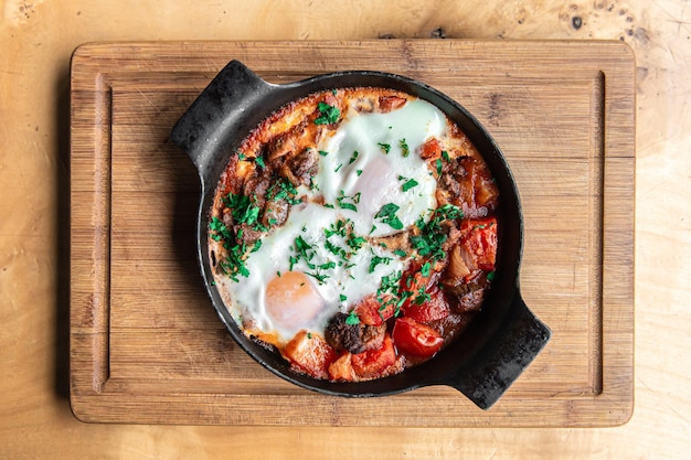 Closeup of traditional shakshuka in a frying pan on a wooden background