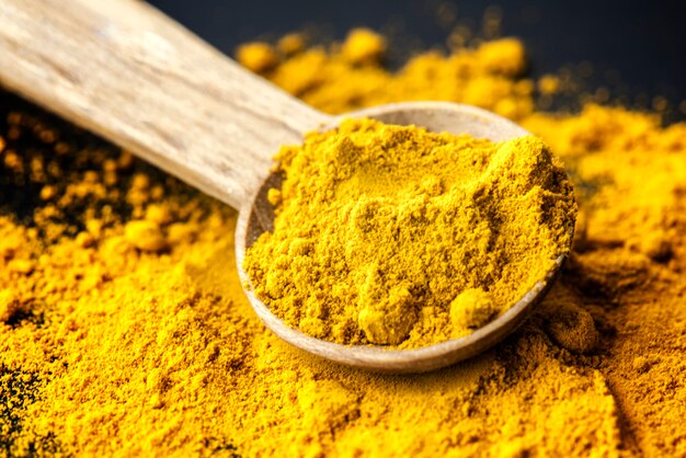 Closeup of tumeric powder spice on a spoon