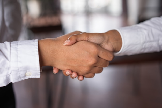 Closeup of two business women shaking hands. Business agreement concept.