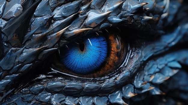 Free photo a closeup view of dragon eyes with blue scales