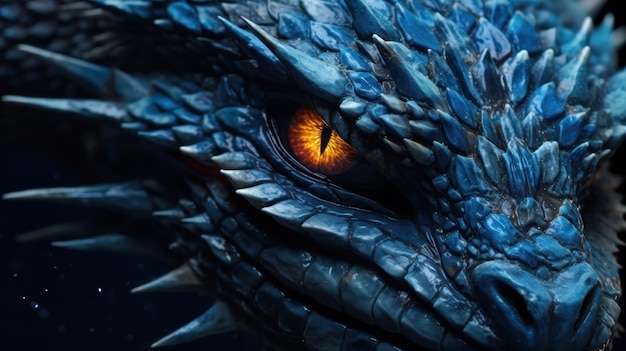 青い<unk>を持つドラゴンの目を近距離で見る